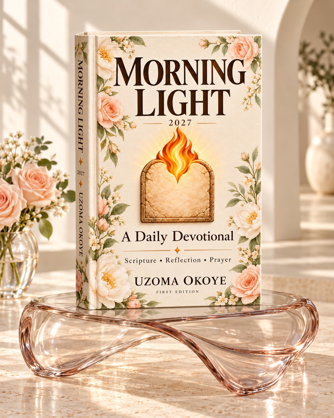 Morning Light 2027 devotional displayed on a sculptural glass stand in a sunlit ivory room with peach flowers.